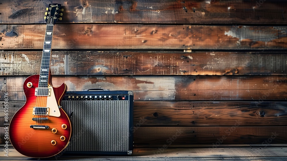Guitar amplifier and a electric guitar on wood table Guitar amplifier and a electric guitar on wood table