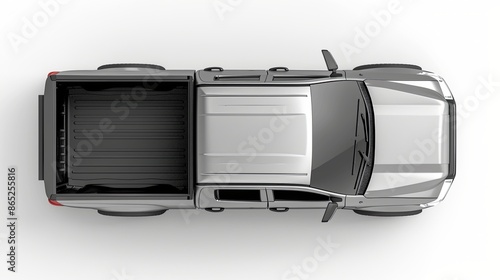 Gray pick up car truck above top view with empty trunk isolated