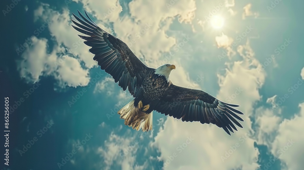 Obraz premium An American flag is soaring through an eagle's wings in this gritty patriotic concept. Memorial Day, Veterans Day, Presidents' Day, and Flag Day celebrations and marketing materials.