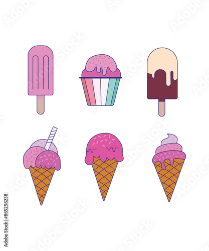 ice cream vector, Sweet summer delicacy sundaes, gelatos with different tastiest, collection isolated ice-cream cones and popsicle with photo