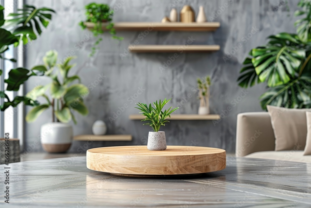 Wooden podium on living room table with space Wooden podium on living room table with space