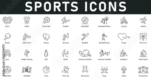 Sports Icons vector illustration with thin line editable stroke contain medal, football, basketball, cycling, athlete, racket, table tennis, sparing, cardio, gym, weight training, golf, volleyball