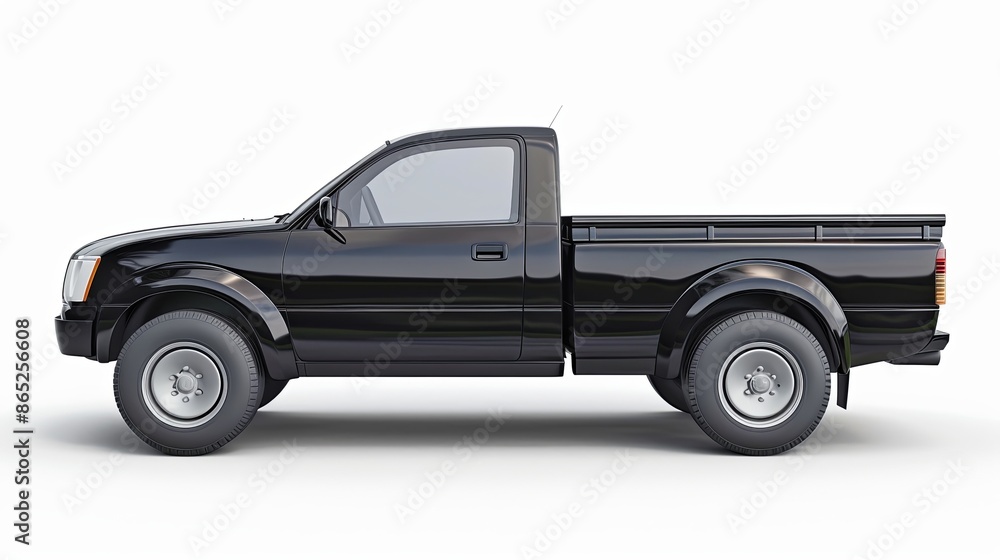Fototapeta premium Side view of black pickup truck is isolated on white background with clipping path.