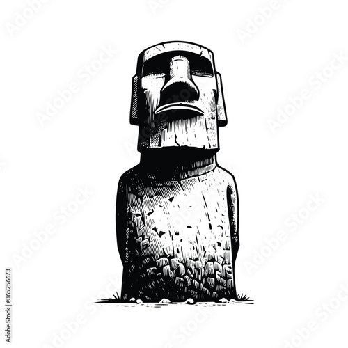 hand drawn moai statue illustration. engraving black and white moai statue vector illustration isolated on white background