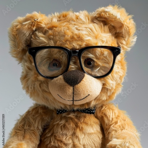 A cuddly teddy bear wearing black framed glasses and a bow tie.  The bear has a friendly and intelligent expression. photo