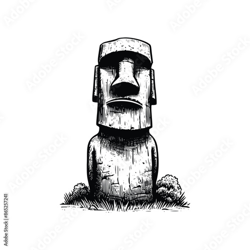 hand drawn moai statue illustration. engraving black and white moai statue vector illustration isolated on white background