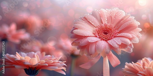 Pink Gerbera Daisy With Dewdrops and Ribbon