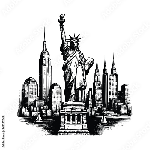 hand drawn statue of liberty illustration. engraving black and white liberty statue vector illustration isolated on white background