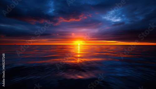 A beautiful sunset over the ocean with a reflection of the sun on the water