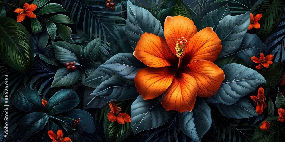 Vibrant Orange Hibiscus Flower Among Lush Green Foliage Vibrant Orange Hibiscus Flower Among Lush Green Foliage