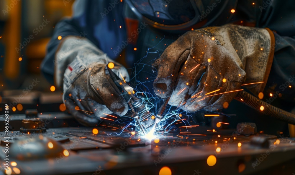 A close-up of a welder's hands and tools in action, sparks flying A close-up of a welder's hands and tools in action, sparks flying