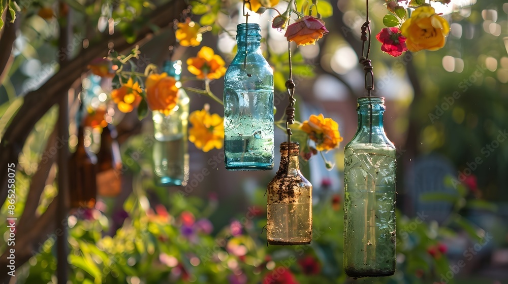 Naklejka premium Repurposed Glass Bottles Transformed into Hanging Bird Feeders for Eco Friendly Garden Decor