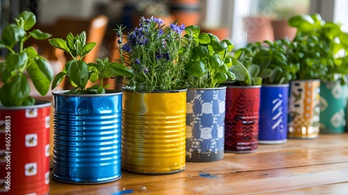 Colorful Herb Planters Made from Upcycled Tin Cans for Kitchen Windowsill photo