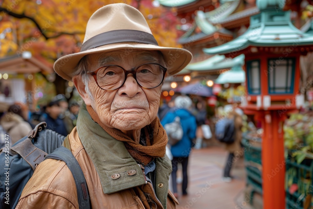 Elderly Man in Hat and Glasses Walking Through a Busy Street in Japan Elderly Man in Hat and Glasses Walking Through a Busy Street in Japan