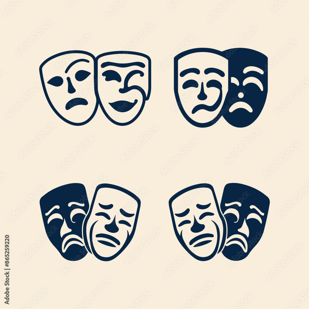 Four masks with sad faces. The masks are blue and black Four masks with sad faces. The masks are blue and black