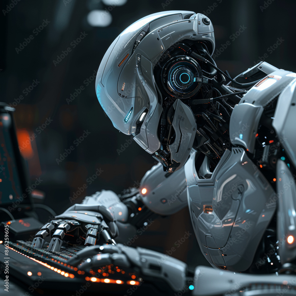 Cartoon vector illustration of a robot coding and sitting at a laptop, with bot hands working on program windows. Represents software code automation development using AI, machine learning. Cartoon vector illustration of a robot coding and sitting at a laptop, with bot hands working on program windows. Represents software code automation development using AI, machine learning.