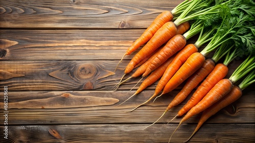 Fresh carrots with stem and leaves on a wooden background, vegetables harvest with copy space. A bunch of carrots freshly picked from the garden.