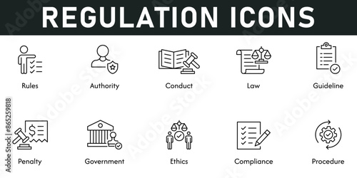 Regulation Icons vector illustration with thin line editable stroke contains rules, authority, procedure, compliance, ethics, government, penalty, guideline, law, conduct