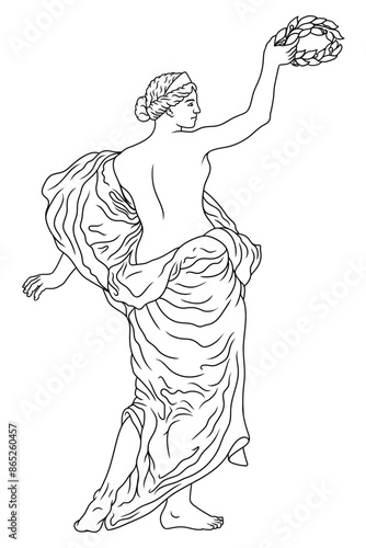 An ancient Greek woman holds a laurel wreath in her hand. Figure isolated on white background