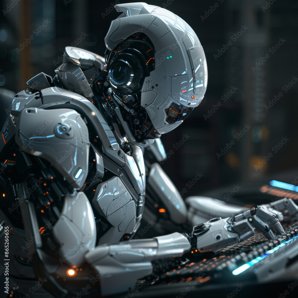Cartoon vector illustration of a robot coding and sitting at a laptop, with bot hands working on program windows. Represents software code automation development using AI, machine learning. Cartoon vector illustration of a robot coding and sitting at a laptop, with bot hands working on program windows. Represents software code automation development using AI, machine learning.