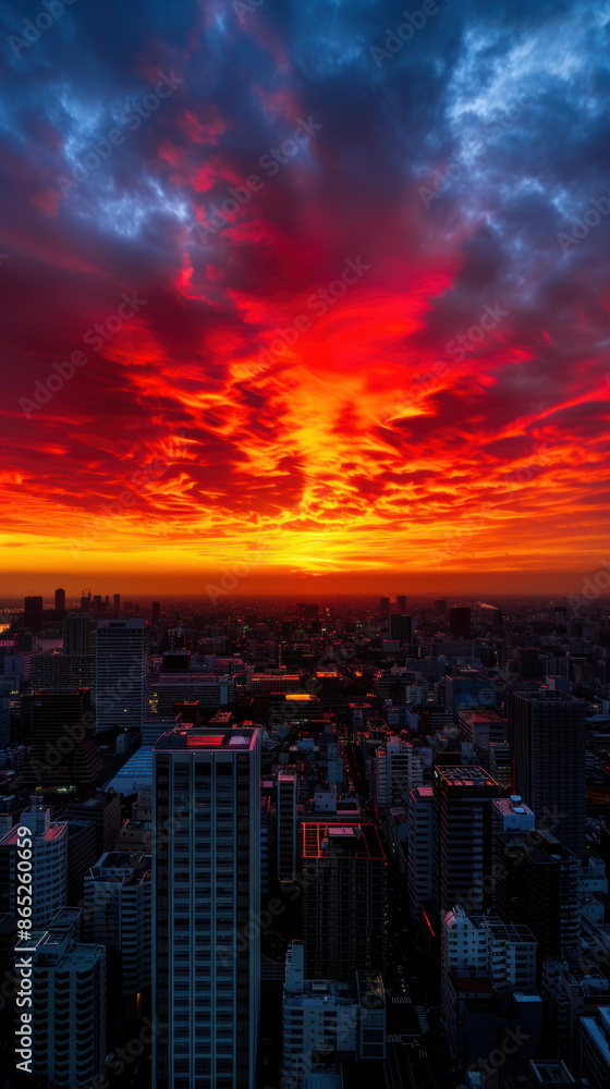 Fototapeta premium A city skyline is lit up by a beautiful sunset