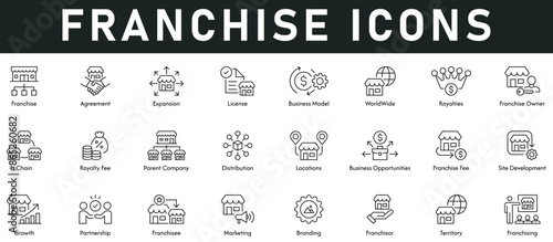 Franchise Icons vector illustration with thin line editable stroke contains agreement, expansion, license, worldwide, chain, royalty fee, distribution, location, site development, growth, partnership