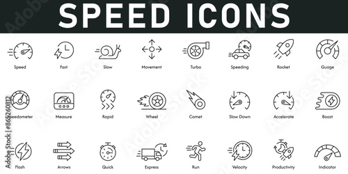 Speed icons vector illustration with thin line editable stroke contains fast, slow, movement, speeding, gauge, speedometer, measure, rapid, accelerate, flash, quick, express, run, velocity, indicator