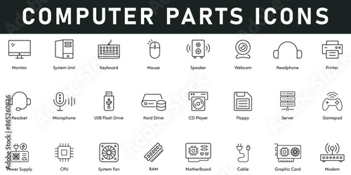 Computer Parts Icons vector illustration with thin line editable stroke contains monitor, system, keyboard, mouse, headphone, hard drive, server, power supply, CPU, motherboard, cable, graphic card