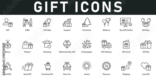 Gift Icons vector illustration with thin line editable stroke contains offer, surprise, Christmas, balloons, gift online, birthday, bonus, champagne, gift card, gift box, award, love gift, send gift