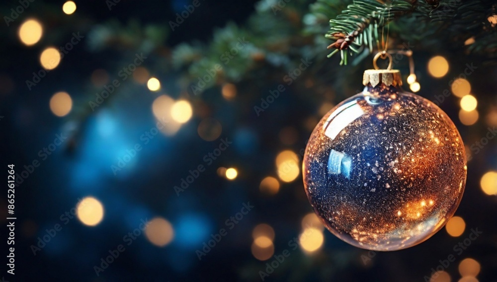 Abstract Christmas Tree - Ornament hanging At Fir Branch With Defocused Lights In The Night Abstract Christmas Tree - Ornament hanging At Fir Branch With Defocused Lights In The Night