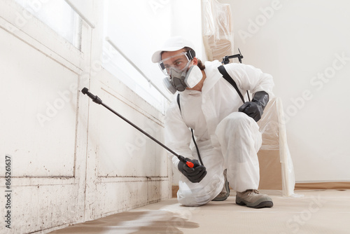 Mold remediation service: A professional worker spraying products to remove mold before house painting, clad in a protective suit and respirator mask, with a backpack sprayer at a home renovation site