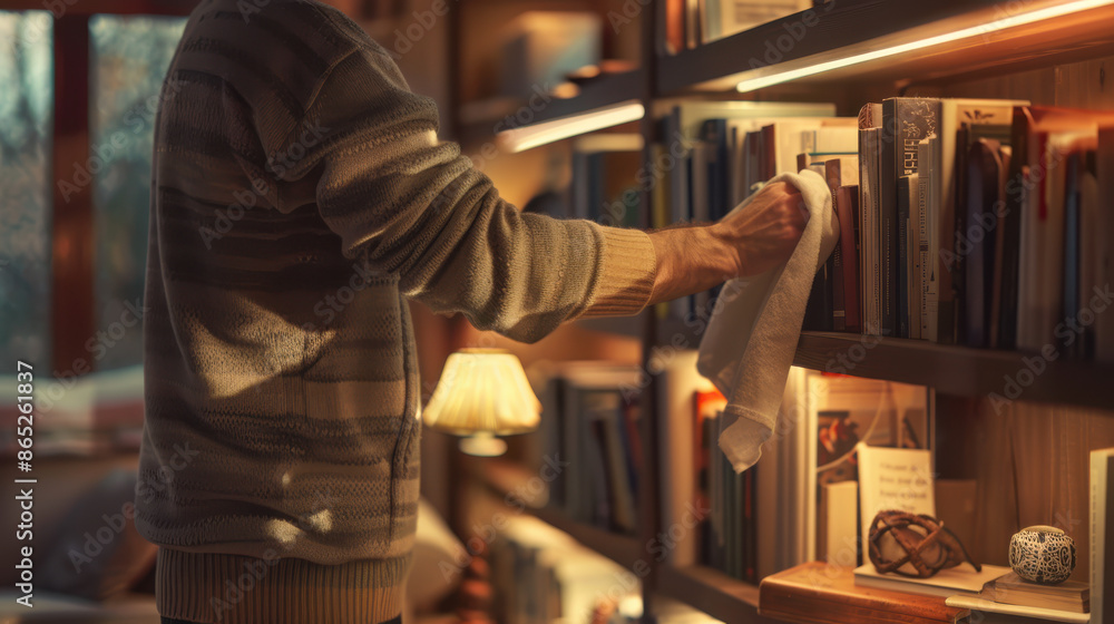A side view of a person dusting a bookshelf, only the arm and dusting cloth visible A side view of a person dusting a bookshelf, only the arm and dusting cloth visible