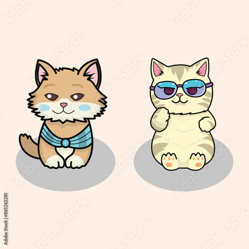 two cute cats sitting facing forward on a white background