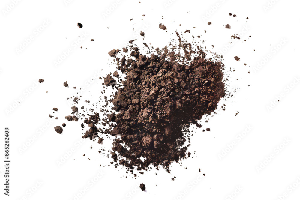 A small amount of soil appears to be suspended in the air against a transparent background. A small amount of soil appears to be suspended in the air against a transparent background.