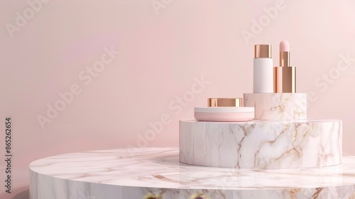 3D rendering of a natural beauty podum backdrop with empty cube box for cosmetic product display. Fashion beauty background with marble stone texture. photo