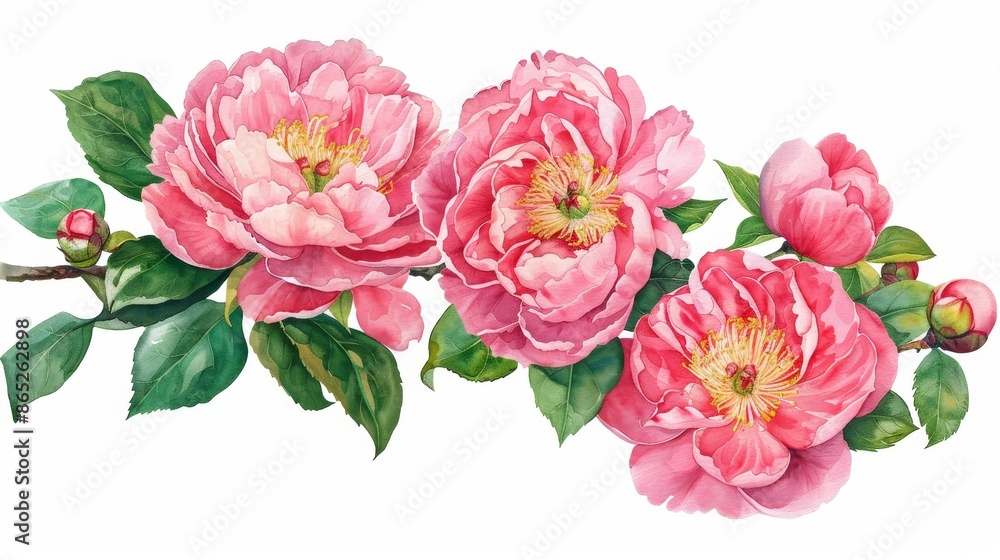 Flower and leaf illustration of a camellia in watercolor Flower and leaf illustration of a camellia in watercolor