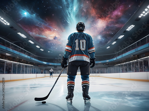 Ice hockey player with uniform stick skates helmet gloves Sports rink