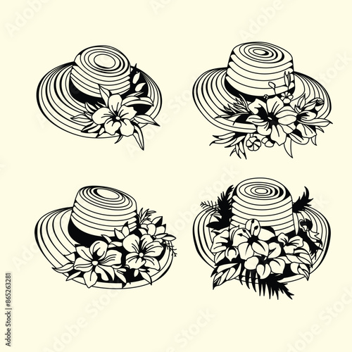 striped beach hat with beautiful flowers on it
