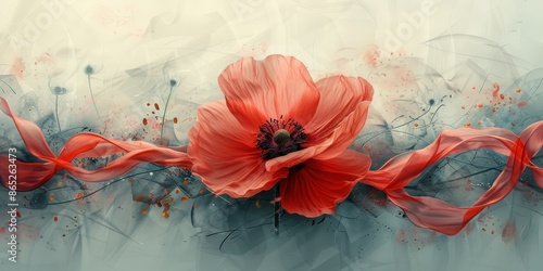 Wallpaper Mural Red Poppy and Ribbon in a Watercolor Landscape Torontodigital.ca