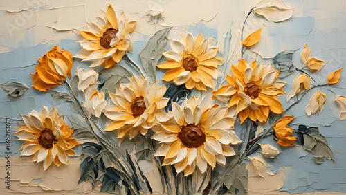 Sunflower - Impasto Floral, Thick Paint, Flowers, Colorful Painting, Brush Strokes, Textured, 3D, Flora photo