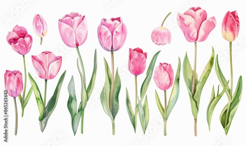 Set of pink tulips on a white background. Illustration in watercolor. © Mark