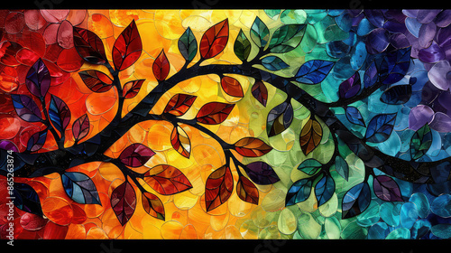 Fototapeta Naklejka Na Ścianę i Meble -  Elegant colorful tree with vibrant leaves hanging branches illustration background. Bright color 3d abstraction wallpaper for interior mural painting wall art decor. Ai