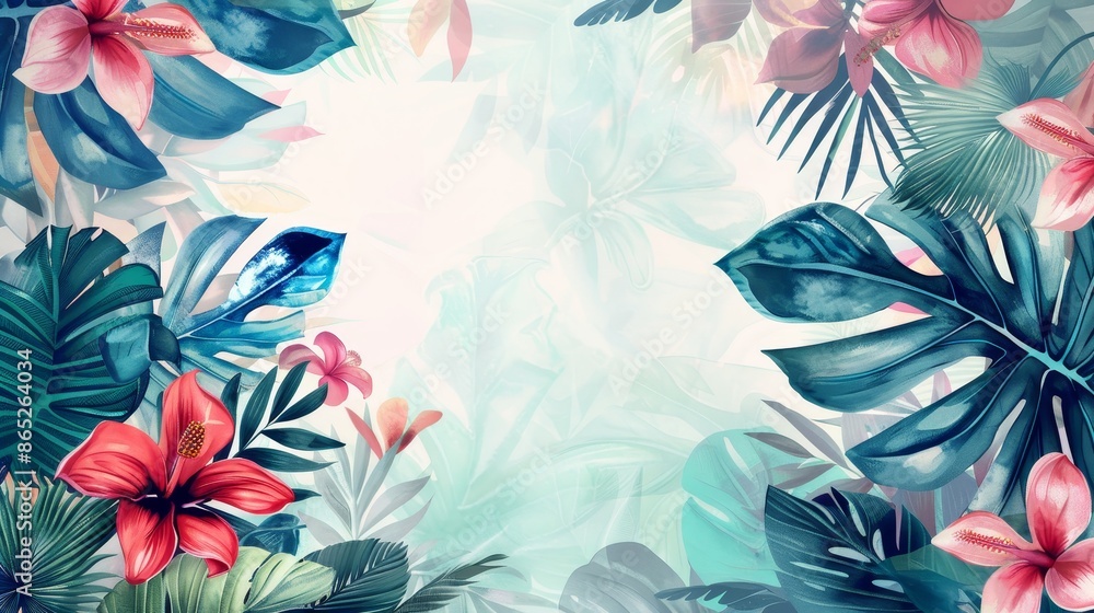 Over a white background, watercolor textured hibiscus tropical flowers illustration is presented on an artistic background. Text space is provided to add your own content. Over a white background, watercolor textured hibiscus tropical flowers illustration is presented on an artistic background. Text space is provided to add your own content.