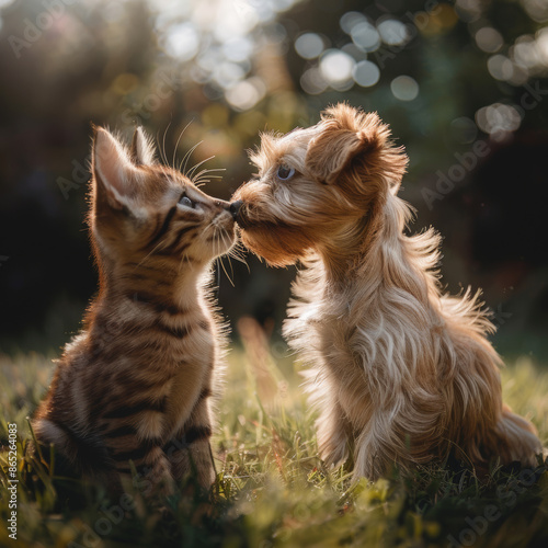 A friendly dog and cat sitting together, smiling and hugging each other. photo