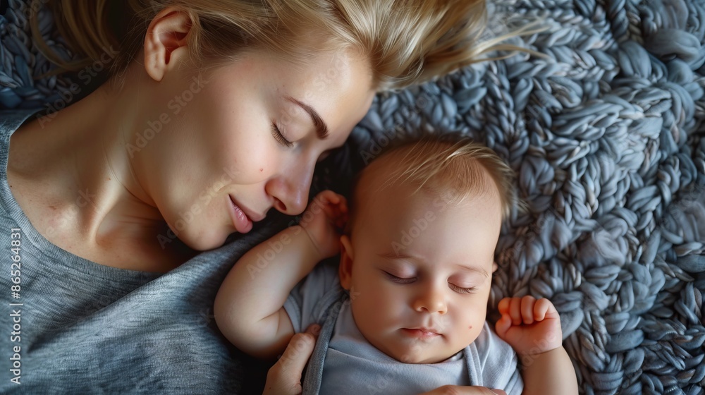 Peaceful mother and baby sleep on soft textured blanket. Cozy family moments captured in a natural style. This serene image shows the deep bond and tranquility between a mother and her child. AI Peaceful mother and baby sleep on soft textured blanket. Cozy family moments captured in a natural style. This serene image shows the deep bond and tranquility between a mother and her child. AI