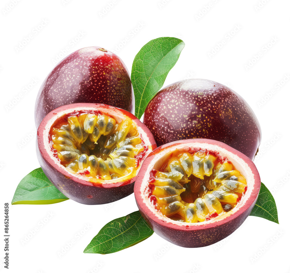 Fresh passion fruit, with one whole fruit and two cut in half, against a transparent background. Fresh passion fruit, with one whole fruit and two cut in half, against a transparent background.