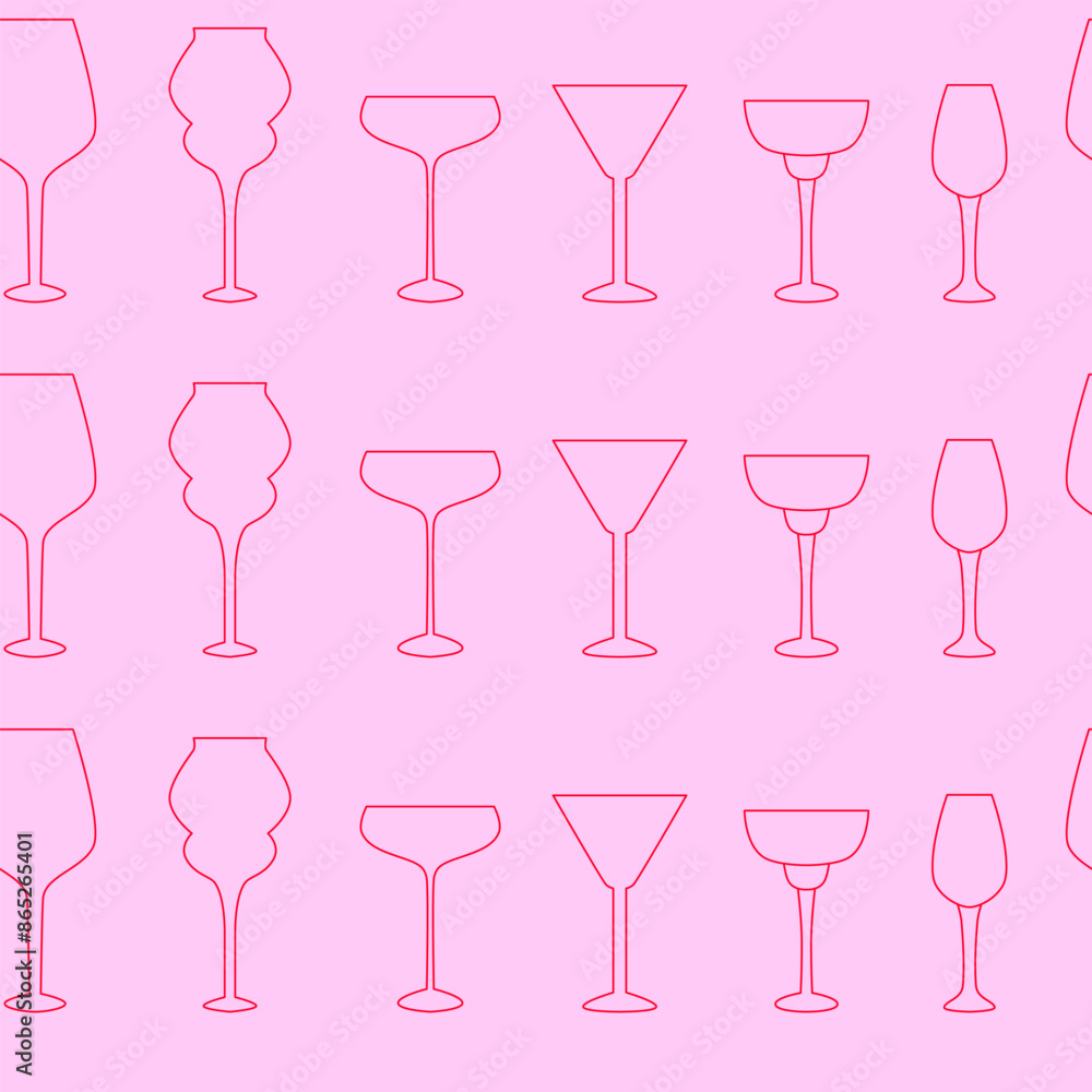 Red and pink linear wine glasses seamless pattern. Icons and doodles. Outline crystal glasses and goblets. Wine tasting. Sommelier. Party, celebration time. Background, wallpaper, digital paper Red and pink linear wine glasses seamless pattern. Icons and doodles. Outline crystal glasses and goblets. Wine tasting. Sommelier. Party, celebration time. Background, wallpaper, digital paper