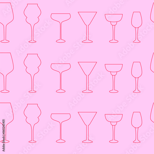 Red and pink linear wine glasses seamless pattern. Icons and doodles. Outline crystal glasses and goblets. Wine tasting. Sommelier. Party, celebration time. Background, wallpaper, digital paper