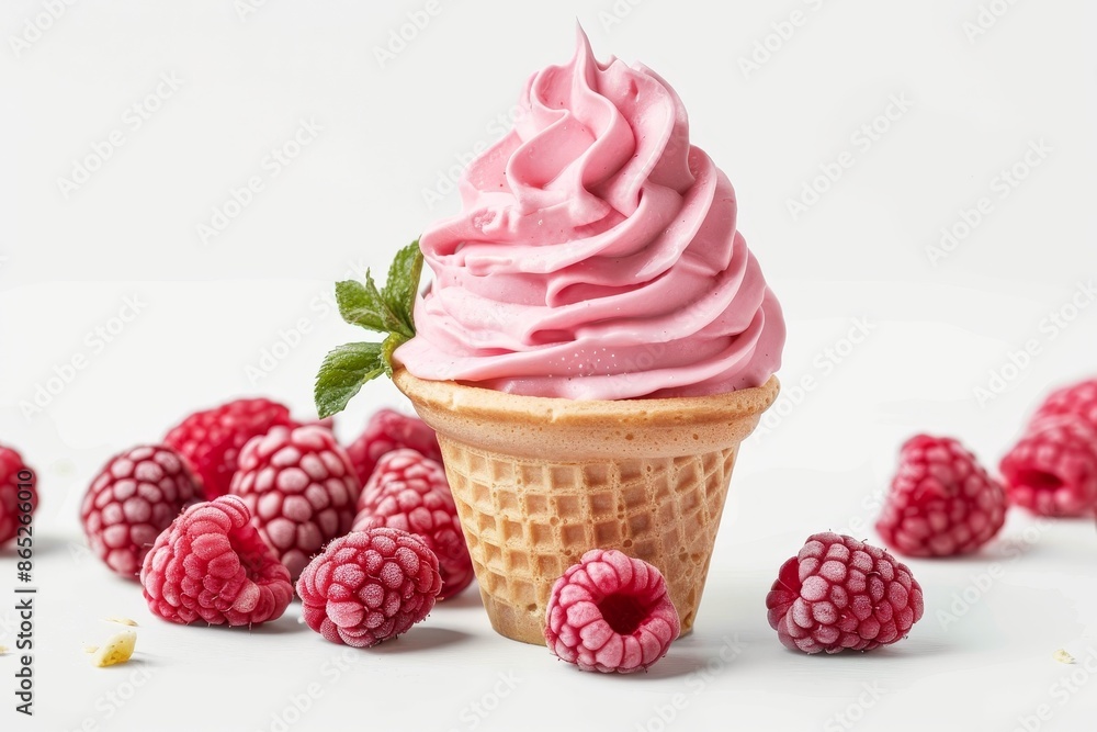 A colorful strawberry ice cream layered on a wafer cone, dessert sweet waffles, and different ice-cream balls on a transparent background A colorful strawberry ice cream layered on a wafer cone, dessert sweet waffles, and different ice-cream balls on a transparent background