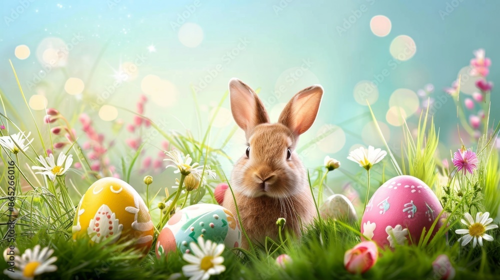 Fototapeta premium An Easter-themed background with colorful eggs, bunnies, and spring flowers